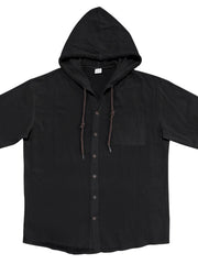 Men's black hooded button-down shirt with short sleeves and a chest pocket.