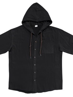 Men's black hooded button-down shirt with short sleeves and a chest pocket.