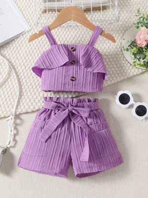 Violet ruffled ribbed two-piece toddler set with buttoned crop top and tie-waist shorts.