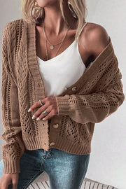 Taupe mesh detail cardigan with button front and open knit pattern.