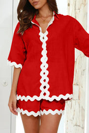 Deep Red linen pajama set with scalloped white trim on shirt and shorts.