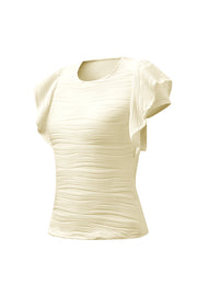 Eggshell textured bodysuit with ruffle cap sleeves and a scoop neckline.