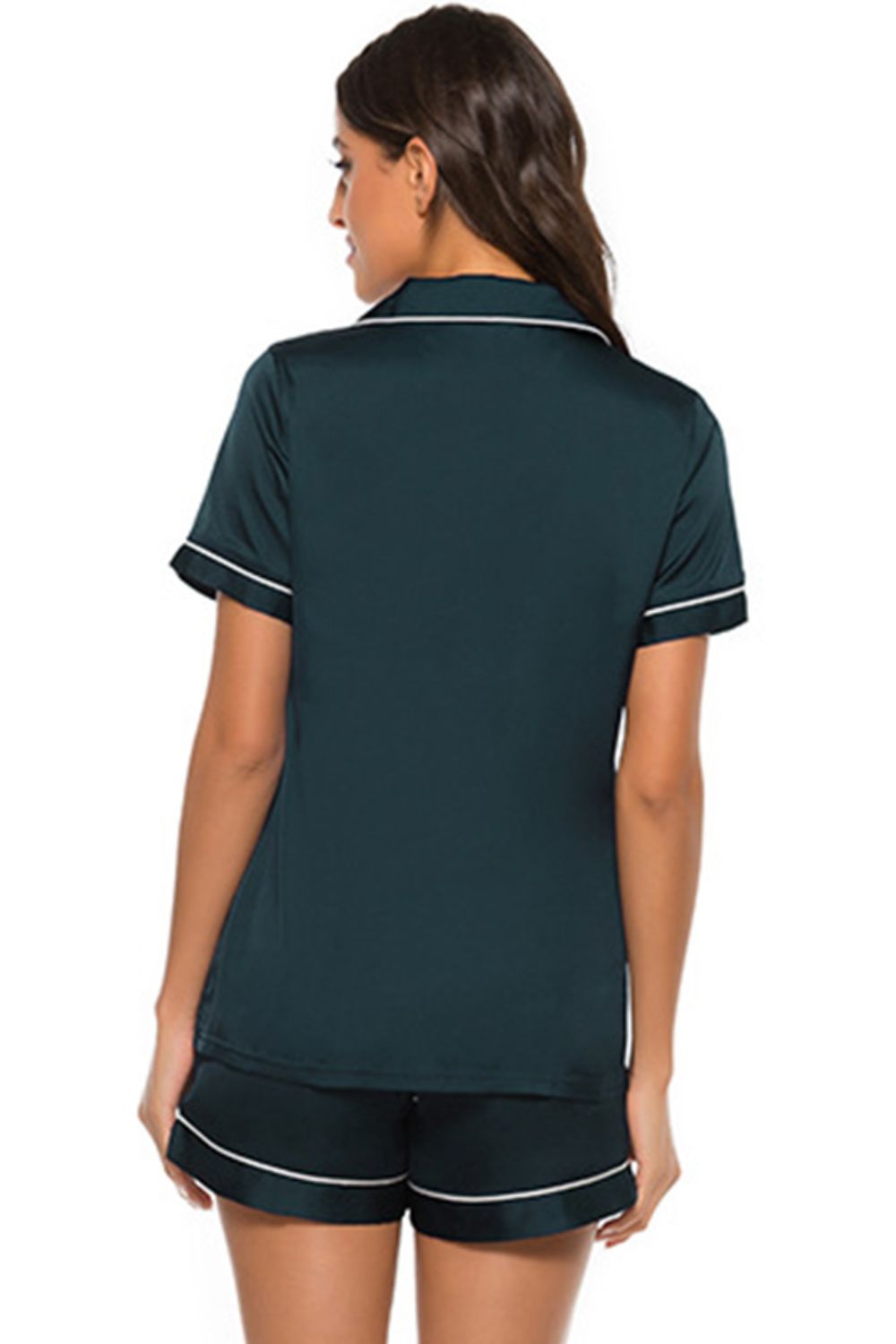 Deep Teal satin pajama set with white piping detail, short sleeves and shorts.