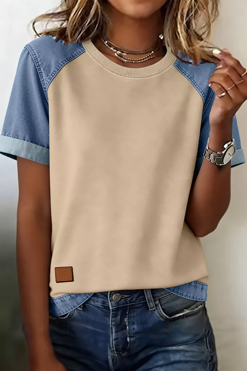 Color block denim-inspired round neck polyester t-shirt for women
