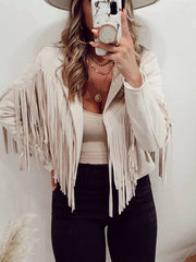 Beige fringe open front cropped jacket with long sleeves and a boho style.