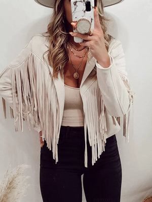 Beige fringe open front cropped jacket with long sleeves and a boho style.