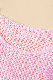 Blush pink openwork knit sweater with a crew neck and intricate floral intarsia detail.