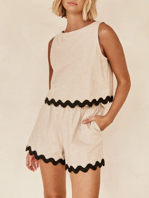 Tan linen tank top and shorts set with black scalloped edges