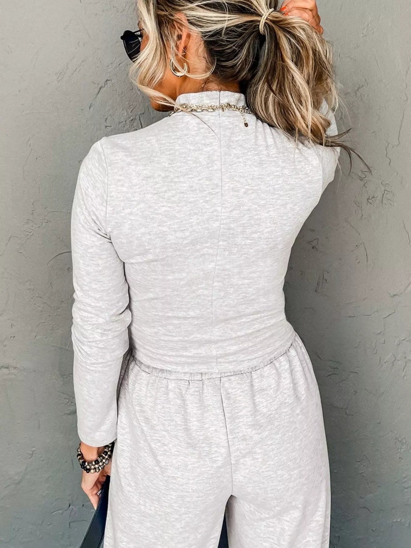 Light gray turtleneck loungewear set with drawstring pants and long sleeves