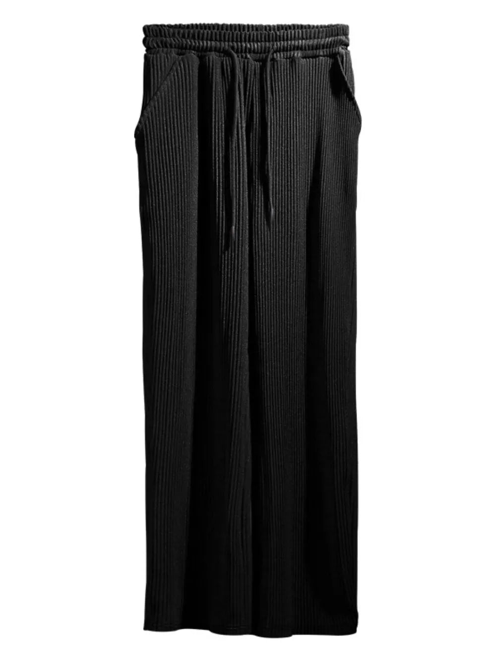 Black textured wide-leg drawstring lounge trousers with pockets