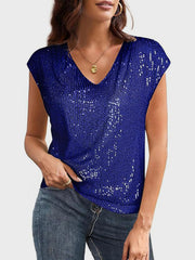 Royal blue sequined cap-sleeve V-neck blouse with a shimmering finish.