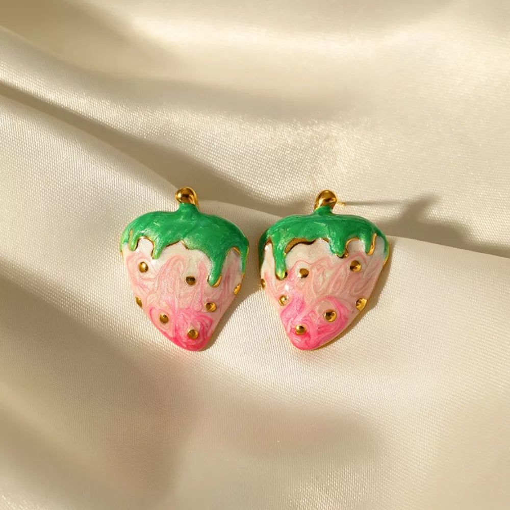 18k gold strawberry charm earrings with pink and green enamel detail