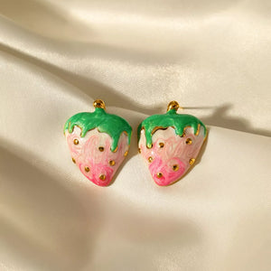 18k gold strawberry charm earrings with pink and green enamel detail