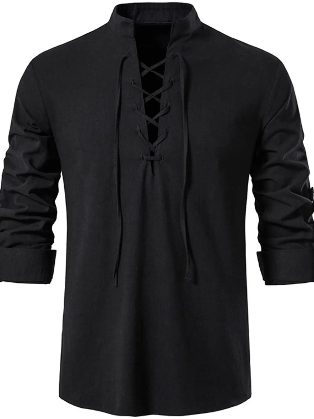 Black linen henley shirt with lace-up collar and rolled sleeves