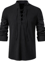 Black linen henley shirt with lace-up collar and rolled sleeves