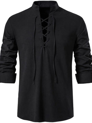 Black linen henley shirt with lace-up collar and rolled sleeves