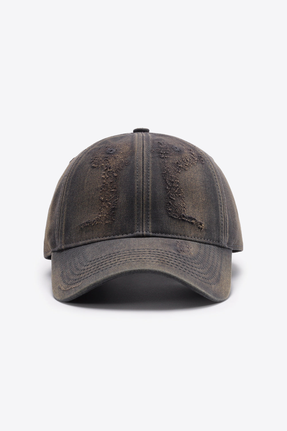 Distressed baseball cap in a washed brown color with frayed details.
