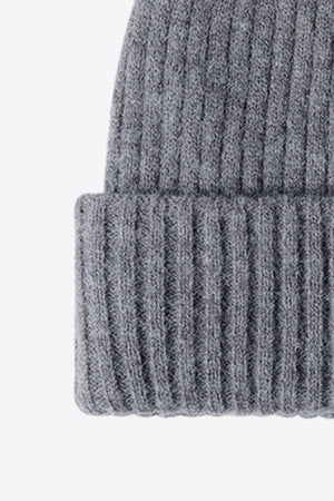 Happy Patch Ribbed Beanie in Steel, acrylic knit with ribbed texture and folded brim.