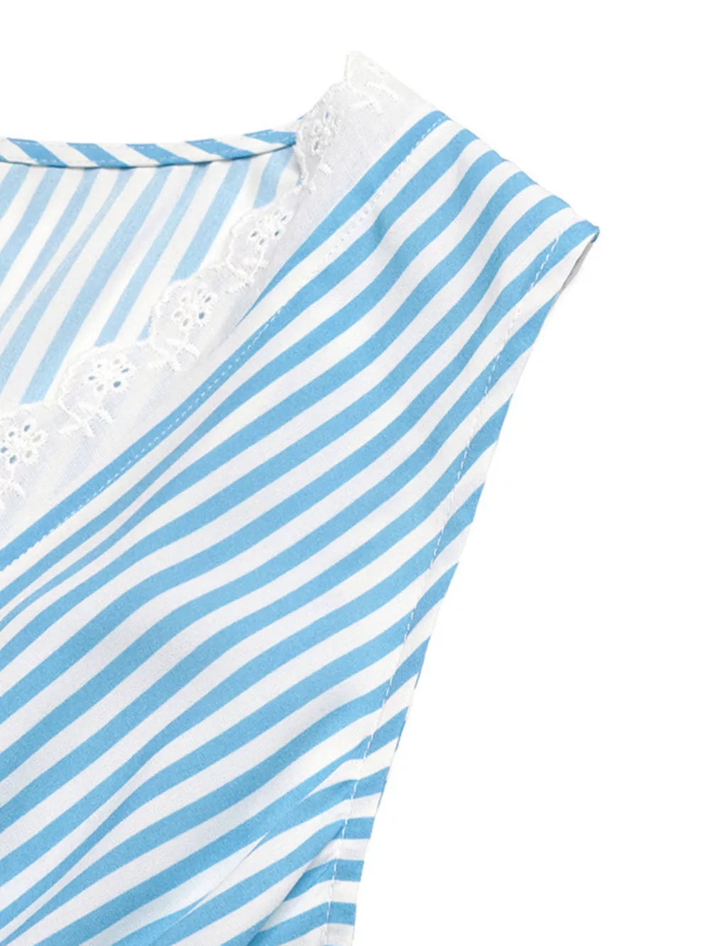 Blue and white striped midi dress with lace trim neckline detail.