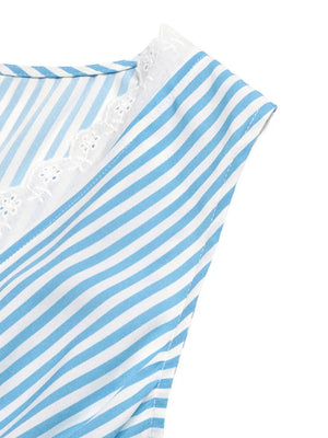 Blue and white striped midi dress with lace trim neckline detail.