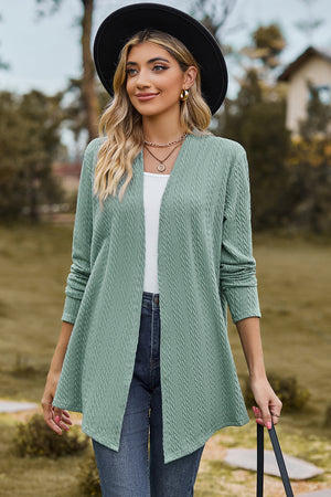 Light Green textured open-front drape cardigan with long sleeves, styled casually.