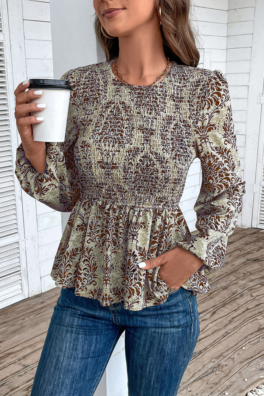 Brown damask print peplum blouse with smocking and puff sleeves