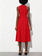 Red A-line midi dress with high neckline, sleeveless, defined waist, and subtle side tie details.