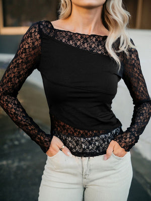 Black asymmetric sheer lace blouse with long sleeves and a square neckline.