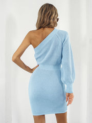 One-sleeve knit mini dress in Pastel Blue with a fitted silhouette and balloon sleeve.