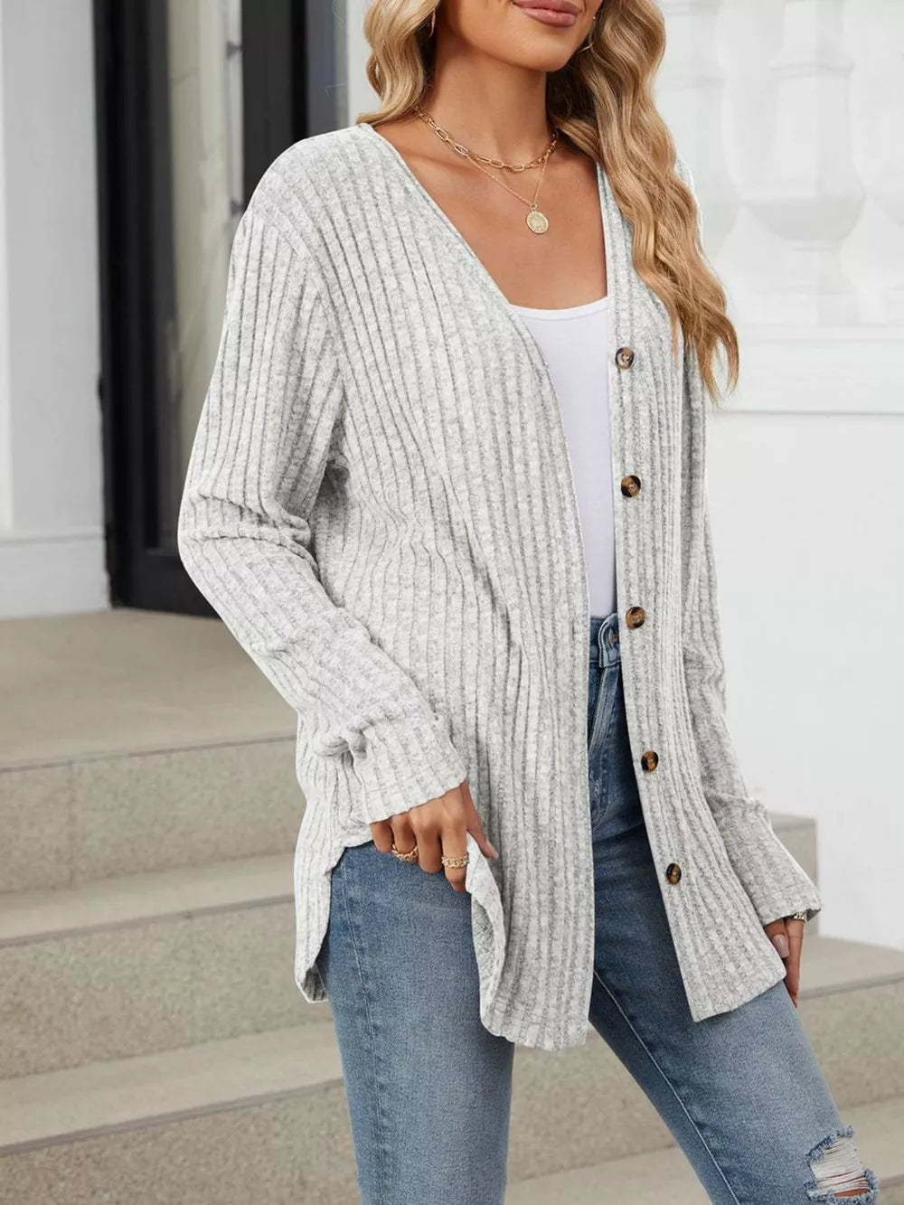 Black cardigan with hip-length and button-front