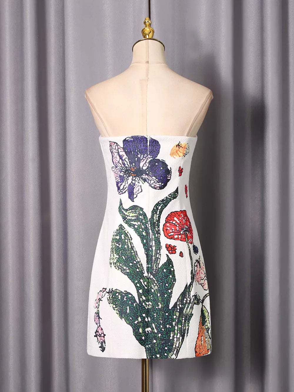 Strapless Floral Mini Dress in White, back view