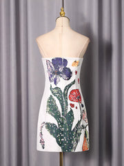 Strapless Floral Mini Dress in White, back view