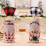 Gnome wine bottle covers in red/black buffalo plaid and tan with gnomes and holiday text.
