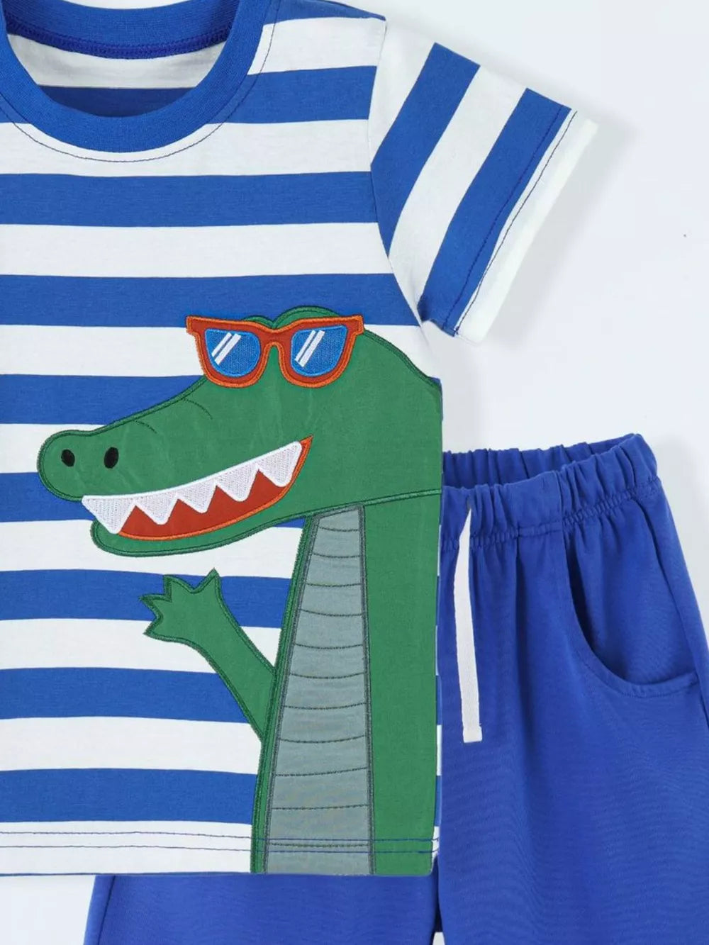Children's Striped Crocodile T-shirt And Shorts Set, close-up detail