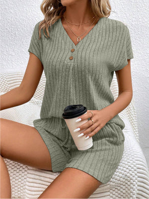 Sage ribbed knit lounge set with button-down V-neck top and drawstring shorts