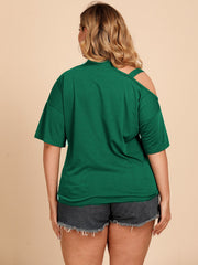 Forest green t-shirt with asymmetric shoulder cut-outs and short sleeves.