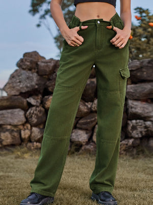 Dark green denim cargo pants with elastic waist and patch pocket.