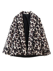 Leopard quilted kimono jacket with pockets and black trim, open front