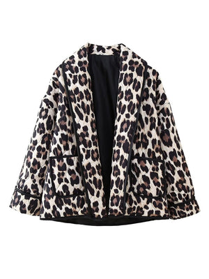 Leopard quilted kimono jacket with pockets and black trim, open front
