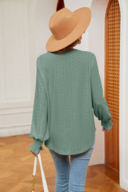 Eyelet detail poet sleeve blouse in Gum Leaf with ruffled cuffs.