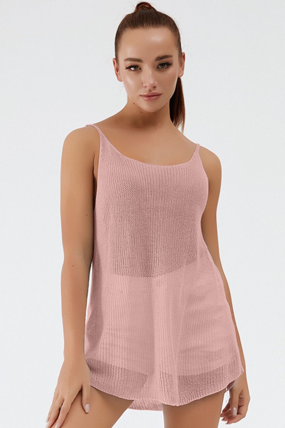 Dusty pink ribbed knit cami with scoop neckline and thin straps