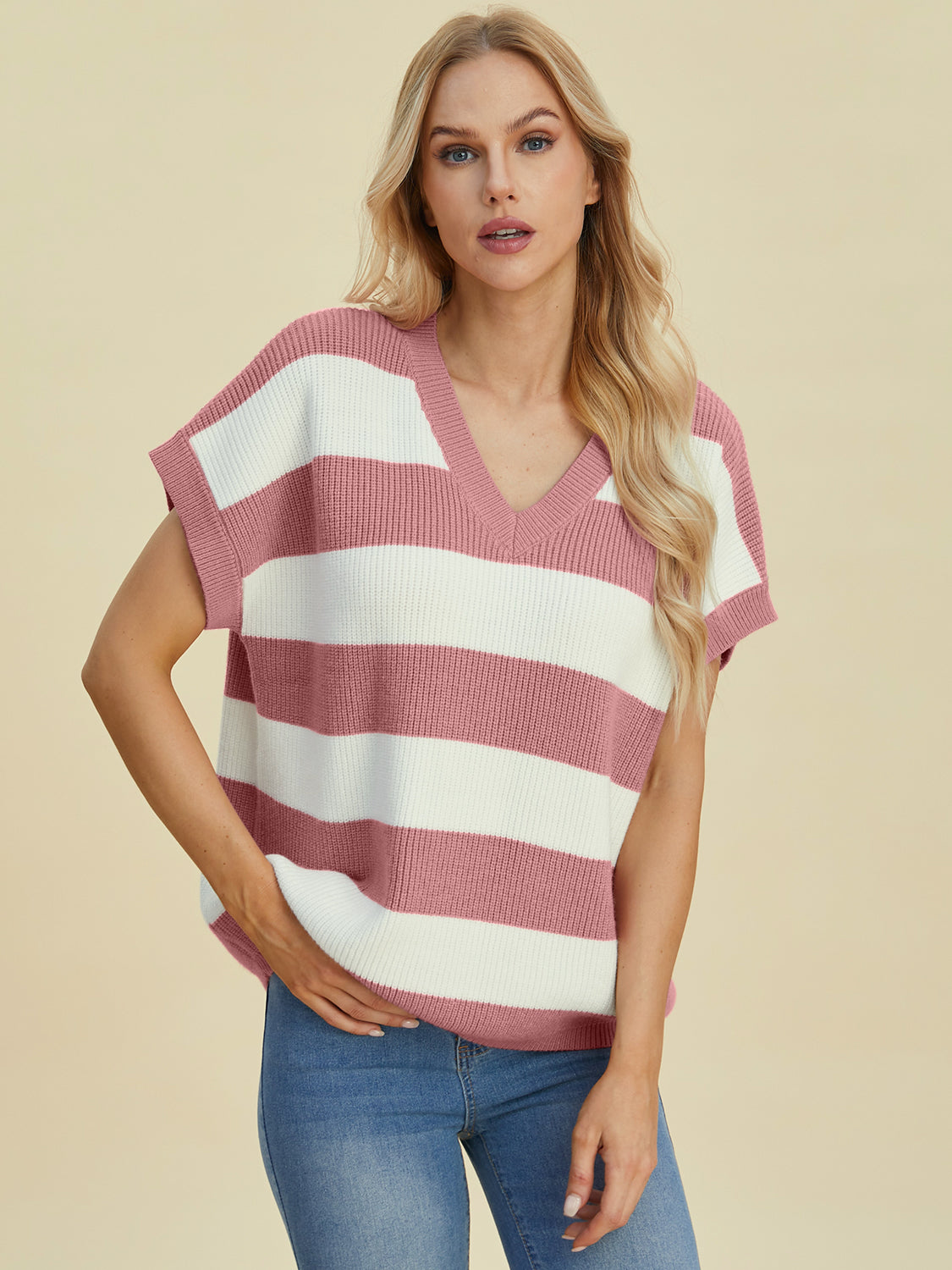 Bold Stripe Cap-Sleeve Knit Top in Dusty Pink and white, v-neck, relaxed fit