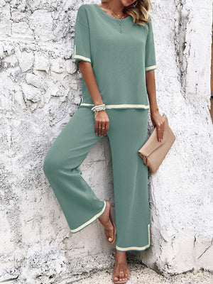 Gum Leaf knit co-ord set with contrast trim on sleeves, hem, and pant cuffs.