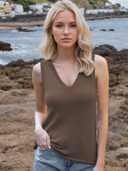 Brown knit tank top with deep V-neck and ribbed texture.