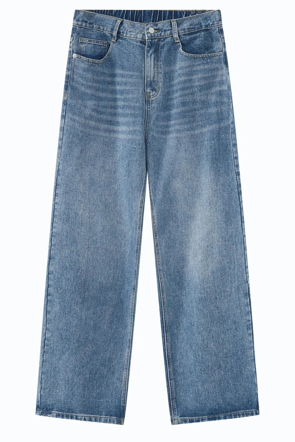 Light blue denim wide-leg trousers with elastic waistband and button fly.