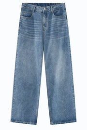 Light blue denim wide-leg trousers with elastic waistband and button fly.