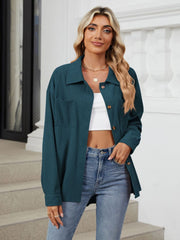 Deep Teal corduroy overshirt with button front, chest pockets and relaxed fit.