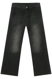 Dark wash denim jeans with a straight leg and pocket details.