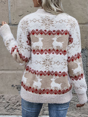 White fluffy knit sweater with fair isle reindeer and snowflake pattern