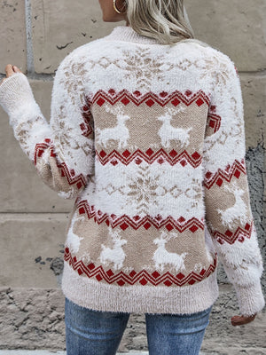 White fluffy knit sweater with fair isle reindeer and snowflake pattern